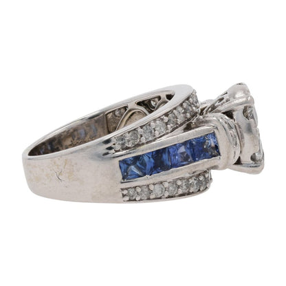 2 Ct 10K White Gold Diamond Cluster With Sapphire Accents Engagement Ring