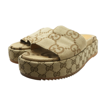 Camel and Dark Brown Maxi GG Canvas Platform Slide Sandal