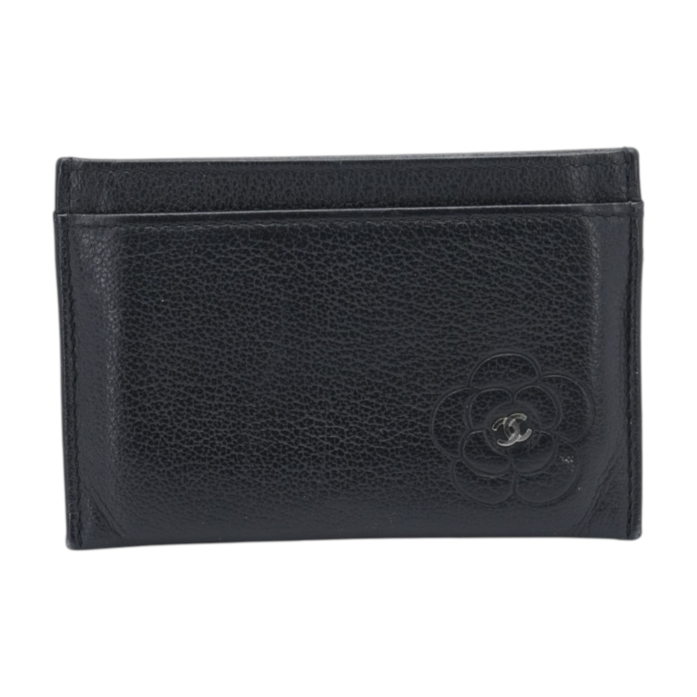 CC Camellia Embossed Leather Card Holder in Black