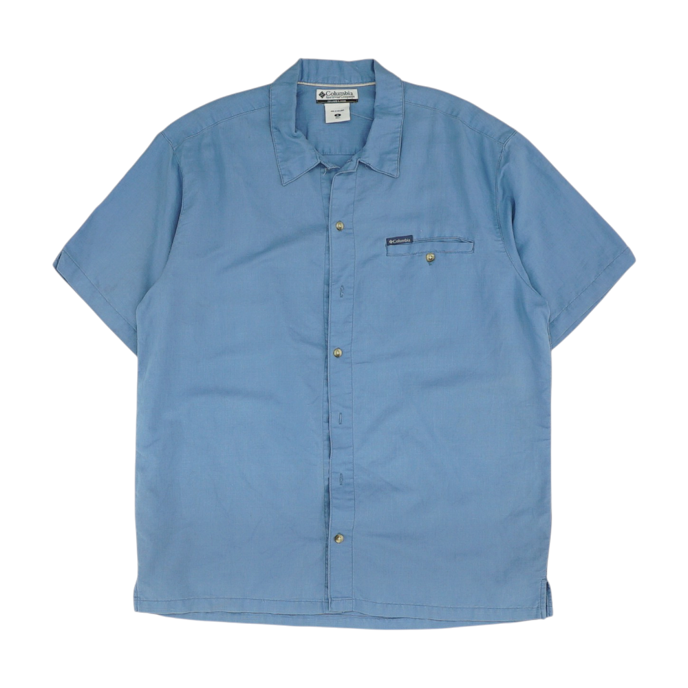 Blue Solid Short Sleeve Button Down