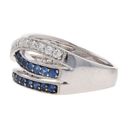 1/4 Ct 14K White Gold Round Diamond And Blue Stone Crossover Band