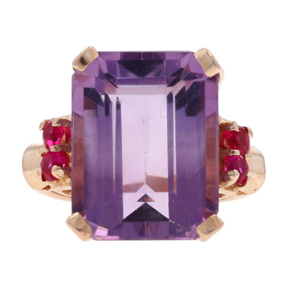 14K Rose Gold Emerald Cut Purple Stone With Red Stone Accents Cocktail Ring