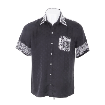 Black Majolica-Print Silk Short Sleeve Button Down
