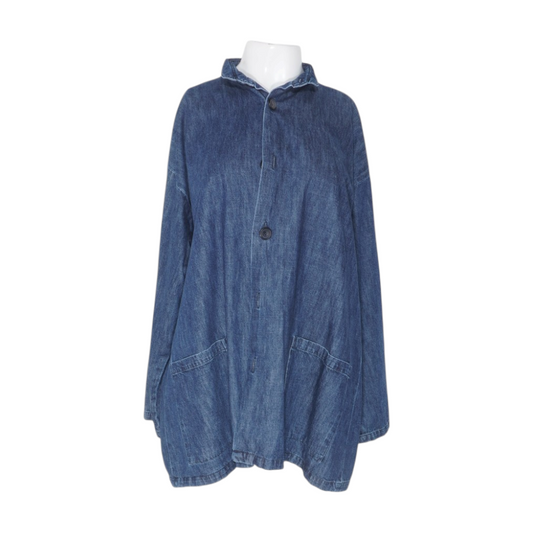 Blue Cotton Denim Angle to Front Double Stand Collar Jacket