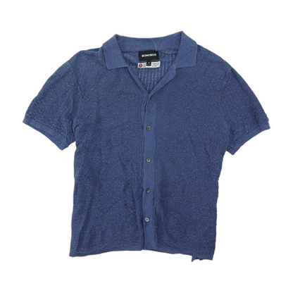 Blue Solid Short Sleeve Button Down