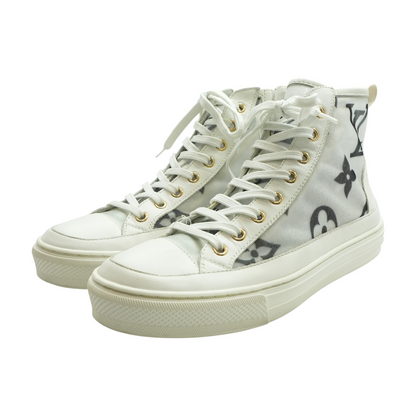 White and Black Mesh and Leather High-Top LV Sneakers