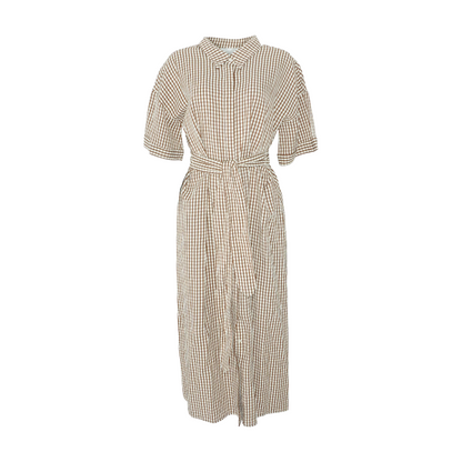 Beige Check Midi Dress