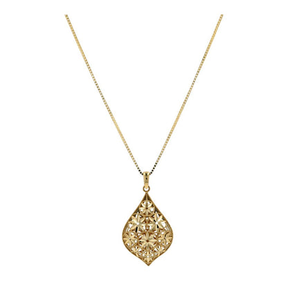 14K Gold Box Chain With Diamond Cut Openwork Pendant Necklace