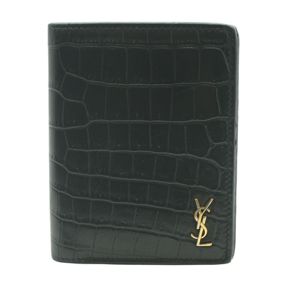 Black Tiny Cassandre Credit Card Wallet in Crocodile-Embossed Matte Leather