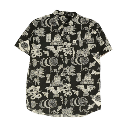 Black Graphic Short Sleeve Button Down