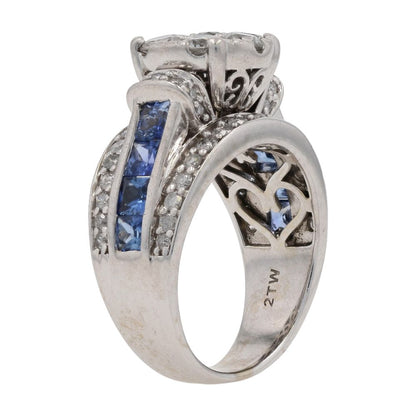 2 Ct 10K White Gold Diamond Cluster With Sapphire Accents Engagement Ring
