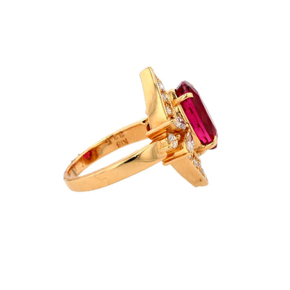 18K Gold Oval Rubellite With Round And Marquise Diamond Accents Ring