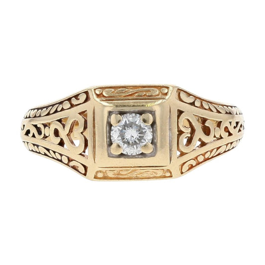 1/5 Ct 14K Gold Round Diamond Filigree Signet Ring