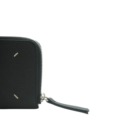 Black Grained Leather Four Stitches Zip Wallet