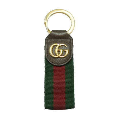 Green and Red Web Stripe and Brown Leather Trim Ophidia Keychain