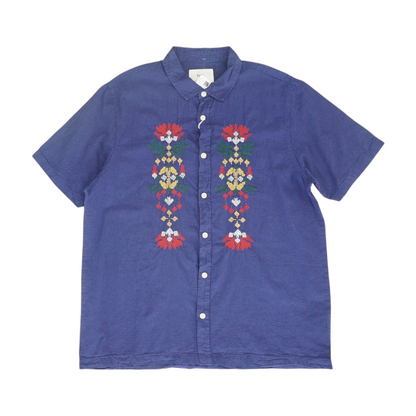 Blue Solid Short Sleeve Button Down