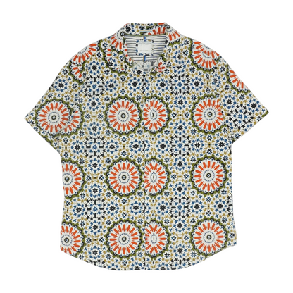 White Abstract Short Sleeve Button Down