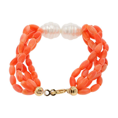 Five Strand Beaded Coral With Faux Pearls Bracelet