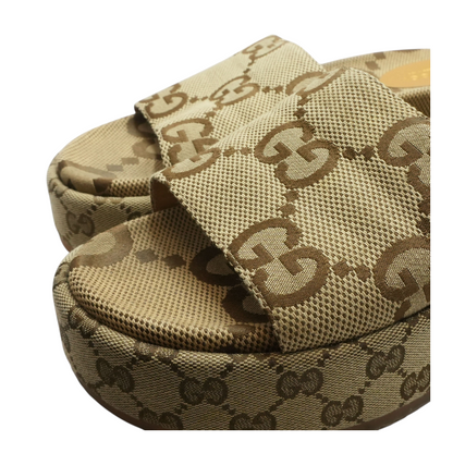Camel and Dark Brown Maxi GG Canvas Platform Slide Sandal