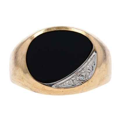10K Gold Black Stone With Diamond Accents Signet Ring
