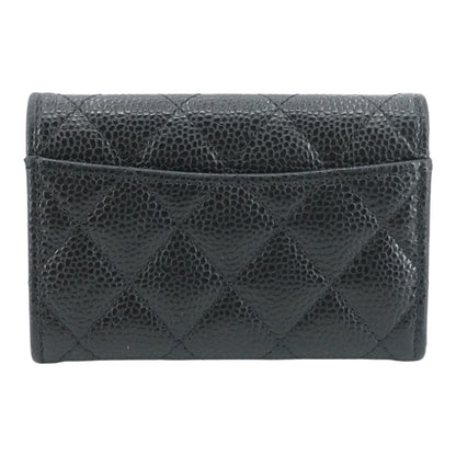 Black Classic Flap Card Holder in Quilted Caviar Leather
