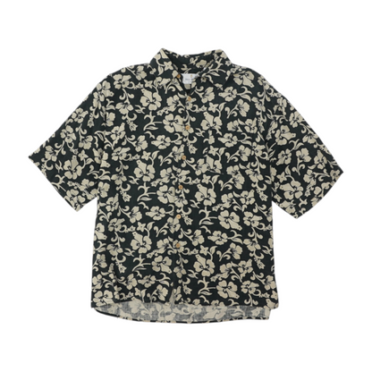 Vintage 100% Silk Black Tropical Short Sleeve Button Down