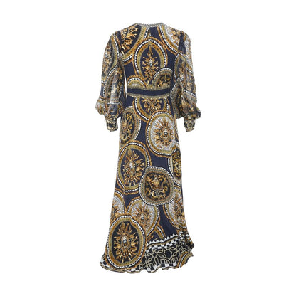 Navy and Gold Graphic Silk Dress