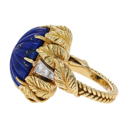 18K Gold Carved Lapis In Leaf Setting With Diamond Accents Cocktail Ring