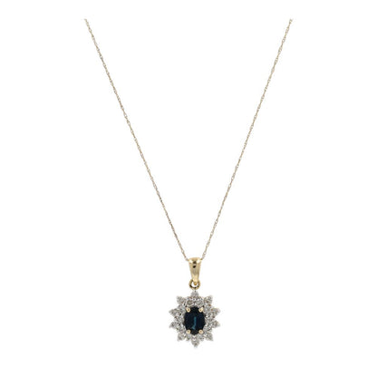 14K Gold Oval Sapphire Center With Diamond Halo Pendant Necklace