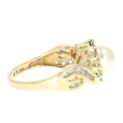14K Gold Cultured Pearl With Round Diamond Halo And Shank Cocktail Ring