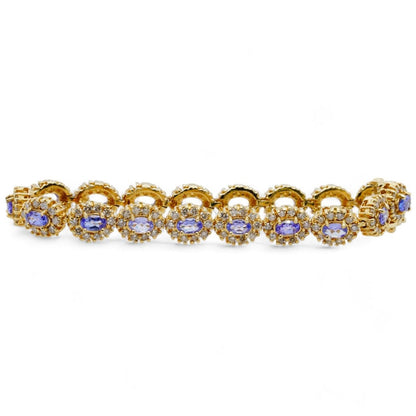 10K Gold Oval Purple Semi Precious Gemstones With Diamond Halos Tennis Bracelet