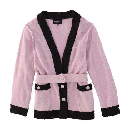 Purple Belted Wool Colorblock Knitted Cardigan