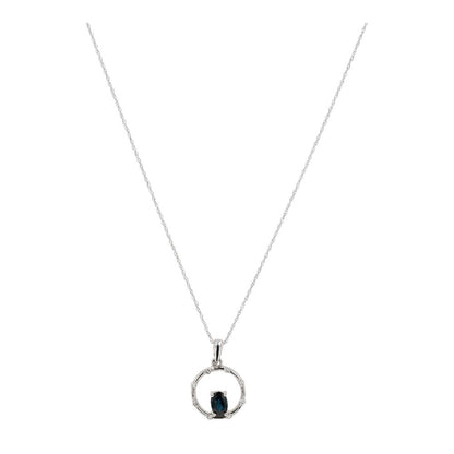 14K White Gold Oval Blue Sapphire With Diamond Accents Circle Pendant Necklace