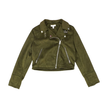 Green Solid Faux Leather Jacket
