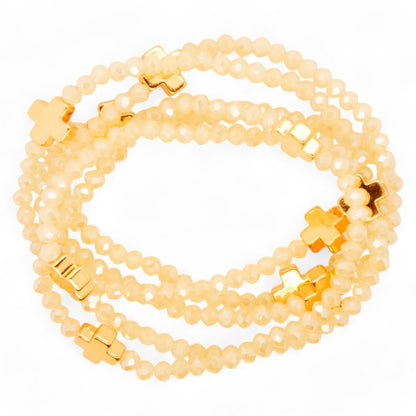 Tan Bead With Gold Crosses Stack Bracelets