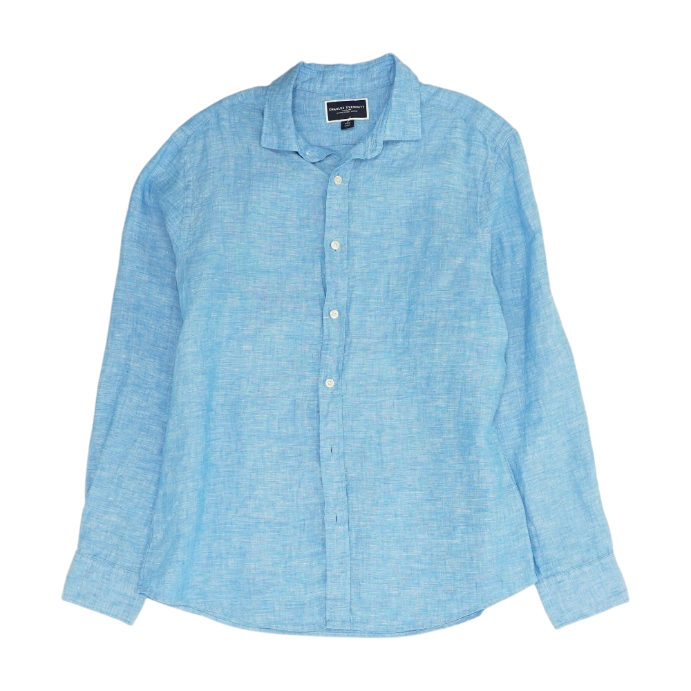 Blue Solid Long Sleeve Button Down