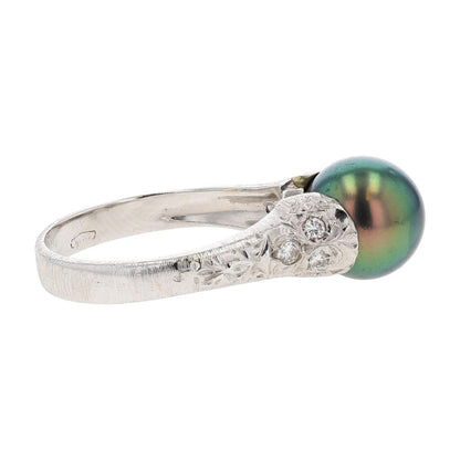 18K White Gold Tahitian Pearl Florentine With Diamond Accents Cocktail Ring