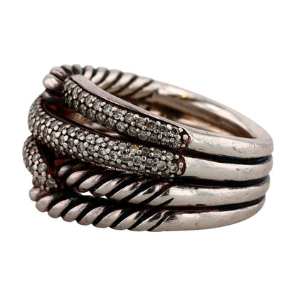 Sterling Silver Labyrinth Double-Loop Band W/ Diamonds
