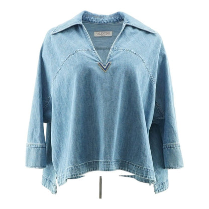 Blue Solid V-Neck Denim Long Sleeve Blouse