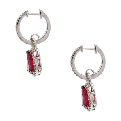 White Gold Red Pear Stone With Round Diamond Halo Drop Earrings