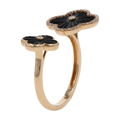 14K Gold Double Clover Onyx With Diamond Accent Open Shank Cocktail Ring