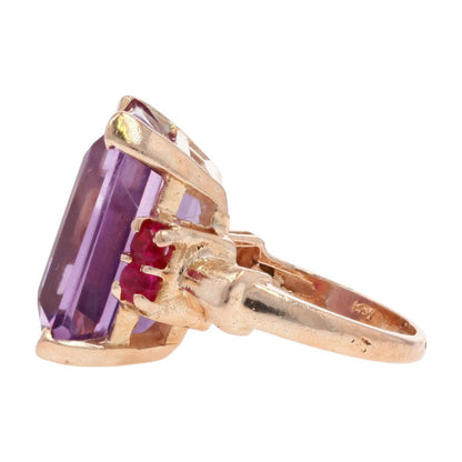 14K Rose Gold Emerald Cut Purple Stone With Red Stone Accents Cocktail Ring