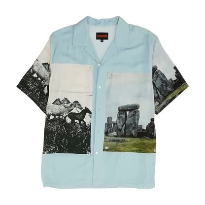 Blue Graphic Short Sleeve Button Down