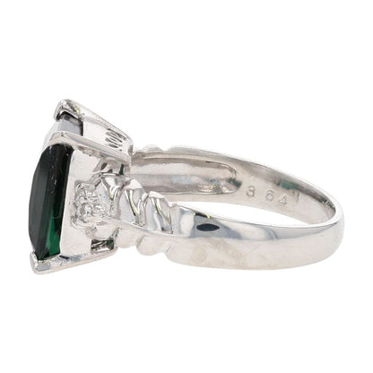 3.60 Ct Platinum Pixel Cut Green Tourmaline With Diamond Accents Cocktail Ring