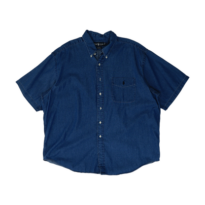 Blue Solid Short Sleeve Button Down