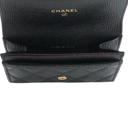 Black Classic Flap Card Holder in Quilted Caviar Leather