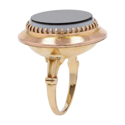14K Gold Flat Round Black And White Stone Signet Ring