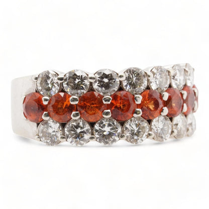 14K White Gold Three Round Row Diamond And Orange Stone Band