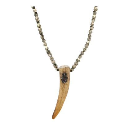 Natural Stone And Horn Pendant With Rhinestone Hamsa Necklace