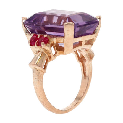 14K Rose Gold Emerald Cut Purple Stone With Red Stone Accents Cocktail Ring